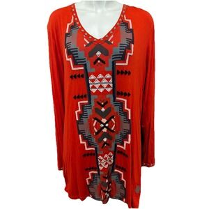 NWT $160 Double D Ranch Embroidered Beaded Long Slv Bamboo Tunic Top Aztec L